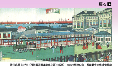 歌川広重（三代）《横浜鉄道館蒸気車之図》（部分）
